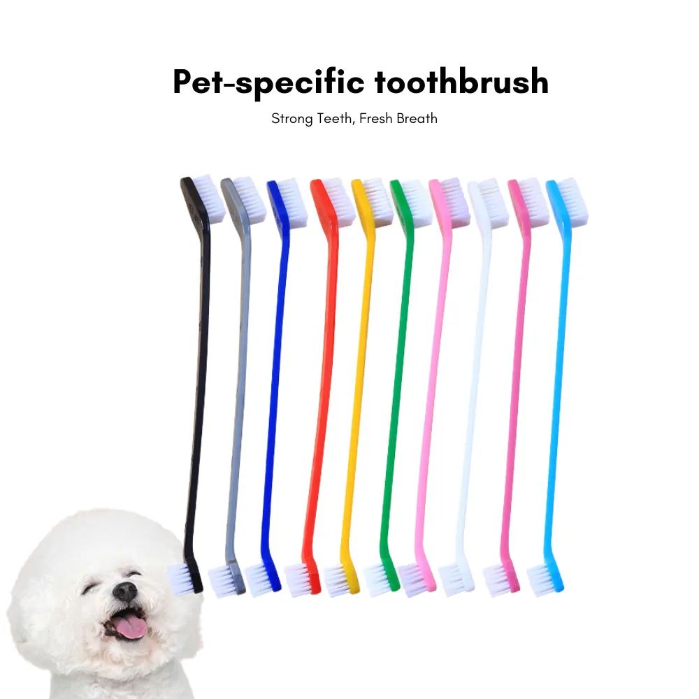 Pet Oral Care made easy with this long handle toothbrush featuring dual heads for all-around cleaning.