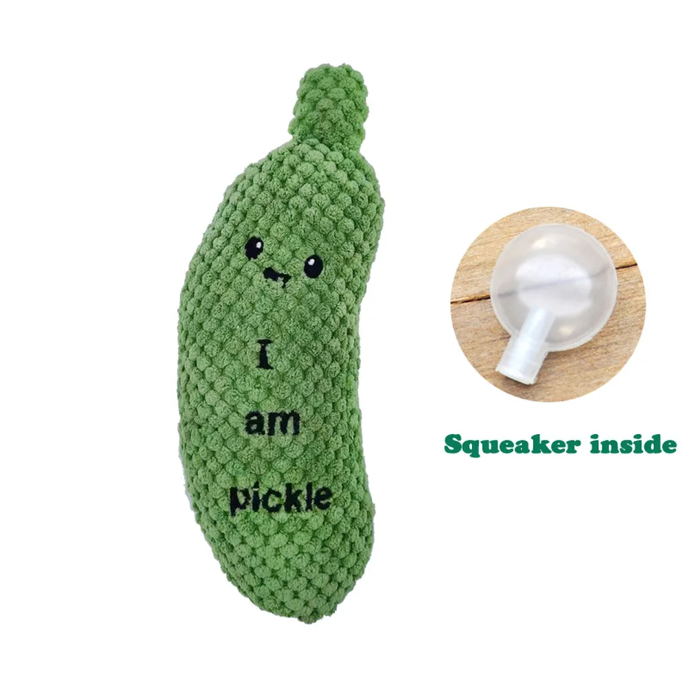 Pickle-shaped dog toy designed for teeth cleaning and healthy chewing.