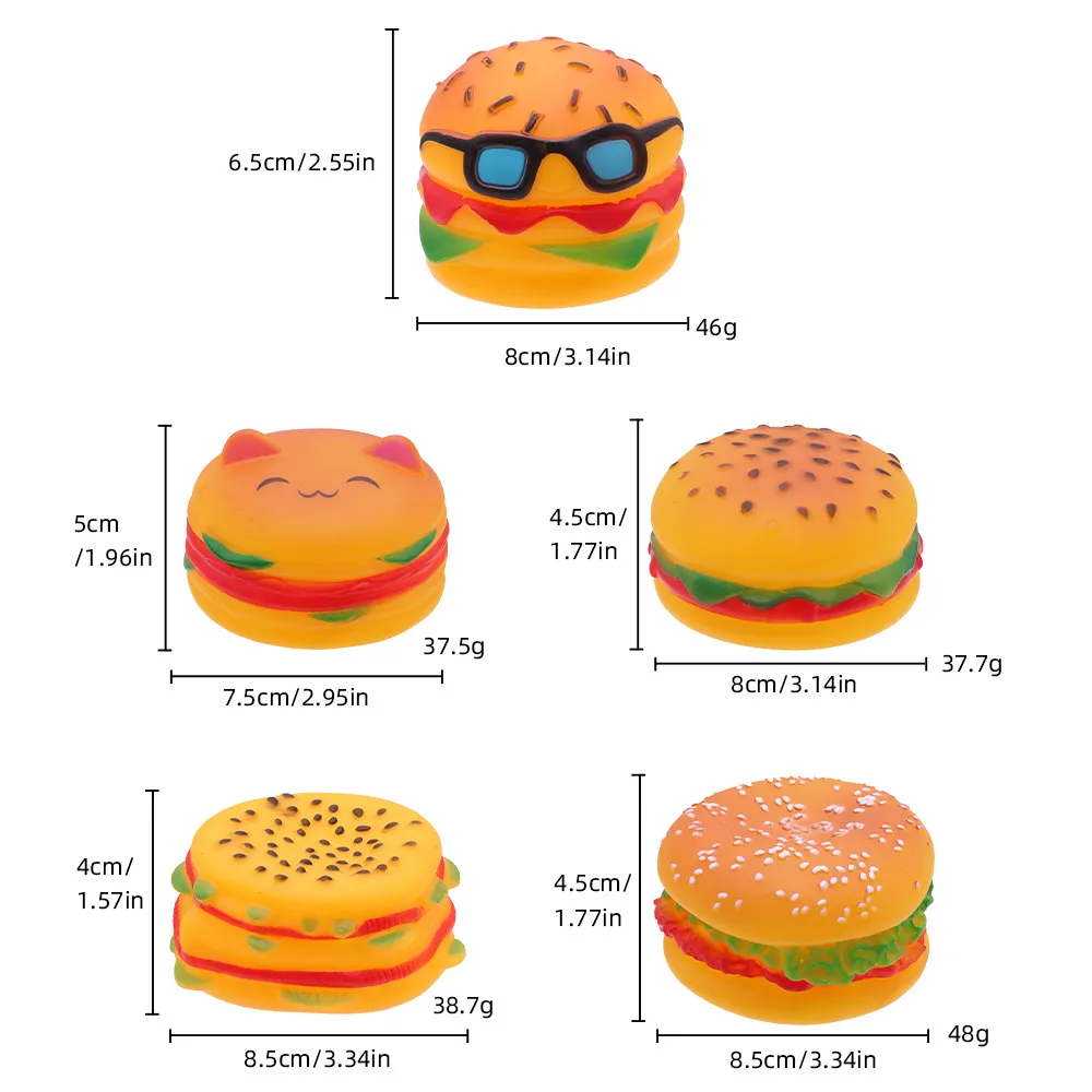 Squeaky hamburger toy for pets, encouraging chewing, fetching, and playtime.