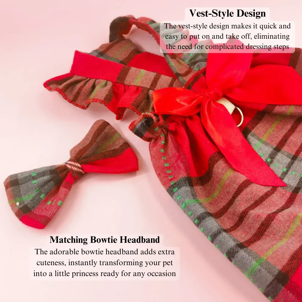 Cat Bowknot Dress Fashionable Plaid Dress with Bowknot Headband for Cats