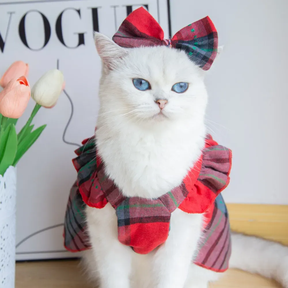 Plaid Cat Dress Fashionable Plaid Dress with Bowknot Headband for Cats
