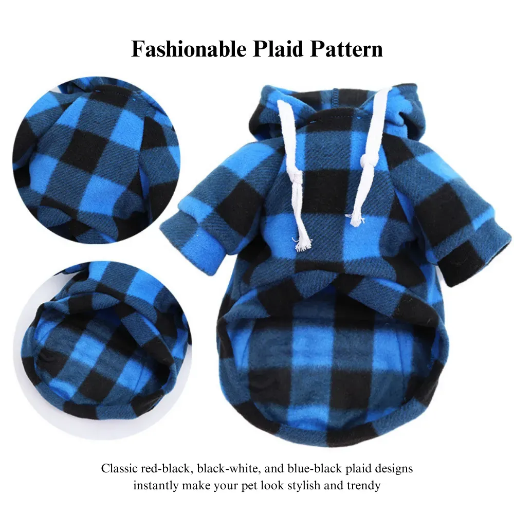 The stylish blue and black plaid design adds a touch of fashion to your pet’s wardrobe. It’s perfect for pets that need both warmth and style, making them stand out during walks and playtimes.