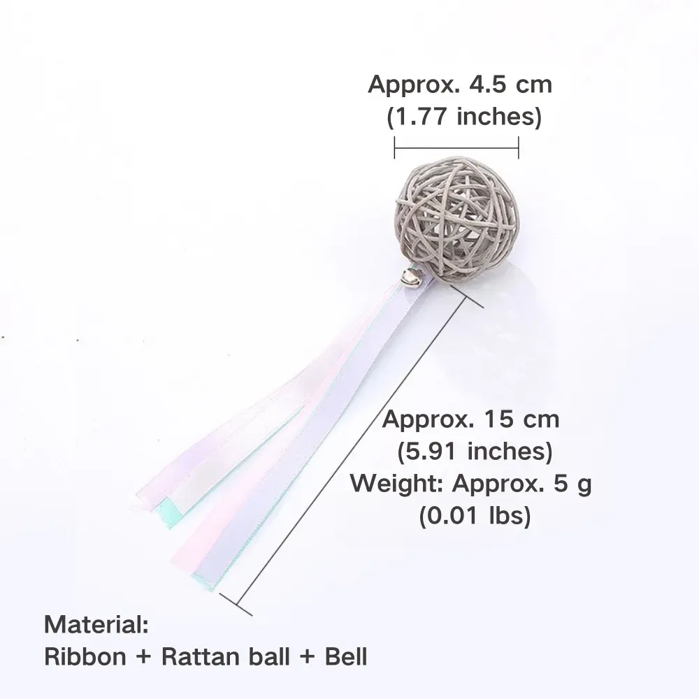 Interactive ribbon &amp; rattan ball cat toy with a jingling bell, designed to entertain and stimulate cats during playtime. Durable, fun, and perfect for indoor play.