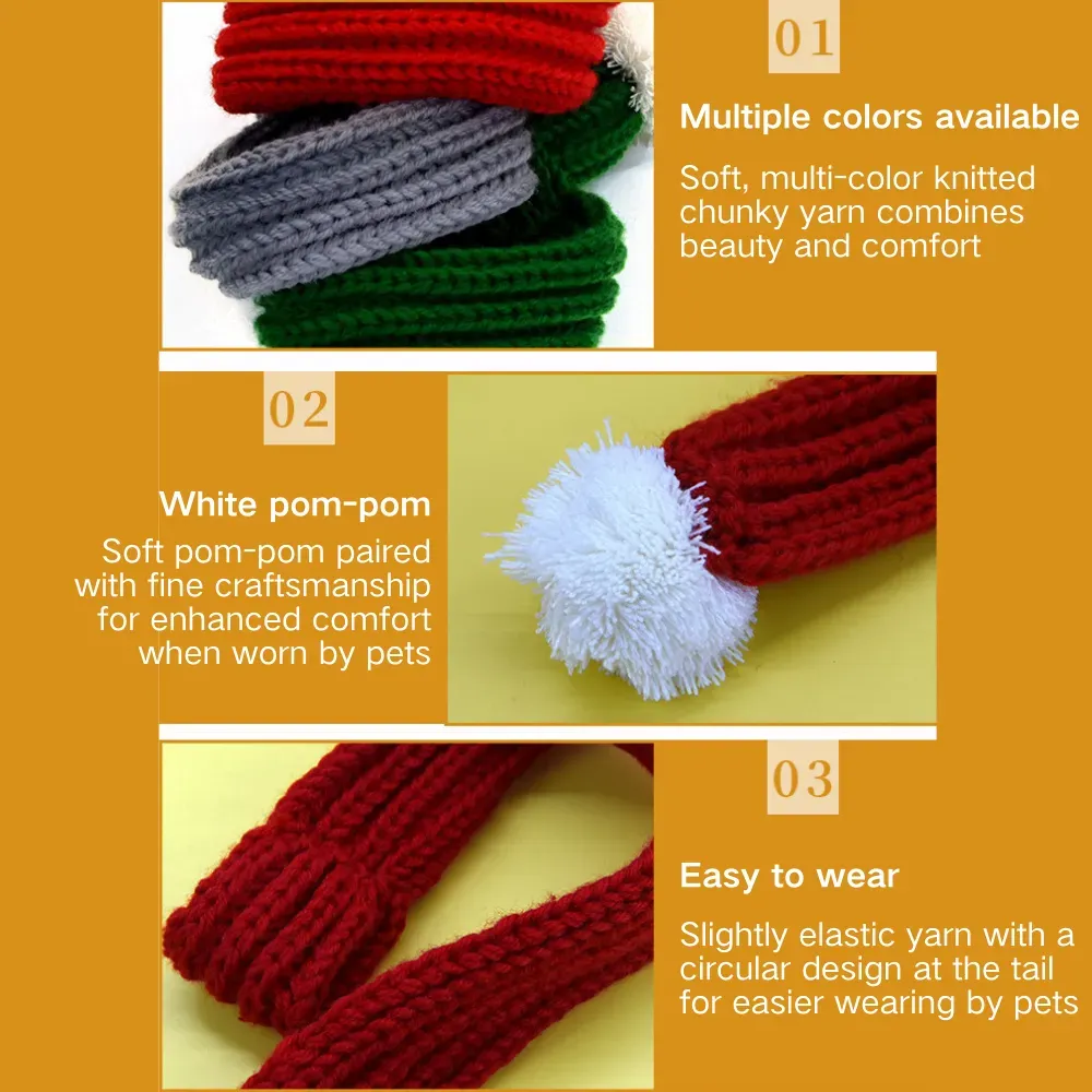 Scarf for Pet (2) Available in multiple colors, this knitted pet scarf with pom-poms ensures your pet stays stylish and comfortable while celebrating Christmas.