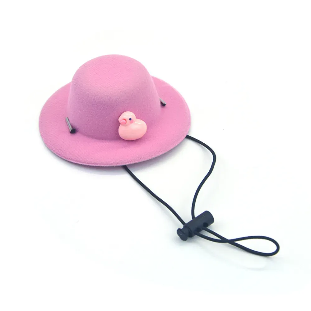 A cute duck-shaped cosplay pet hat for cats and dogs, made from soft felt fabric with an adjustable strap for a comfortable and secure fit.
