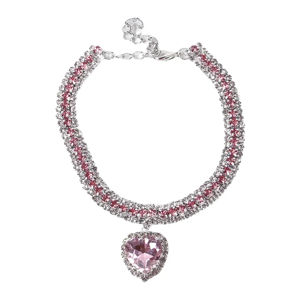Rhinestones Cat Collar with Bling Charm Pink Shiny Heart-shaped Diamond Pet Necklace