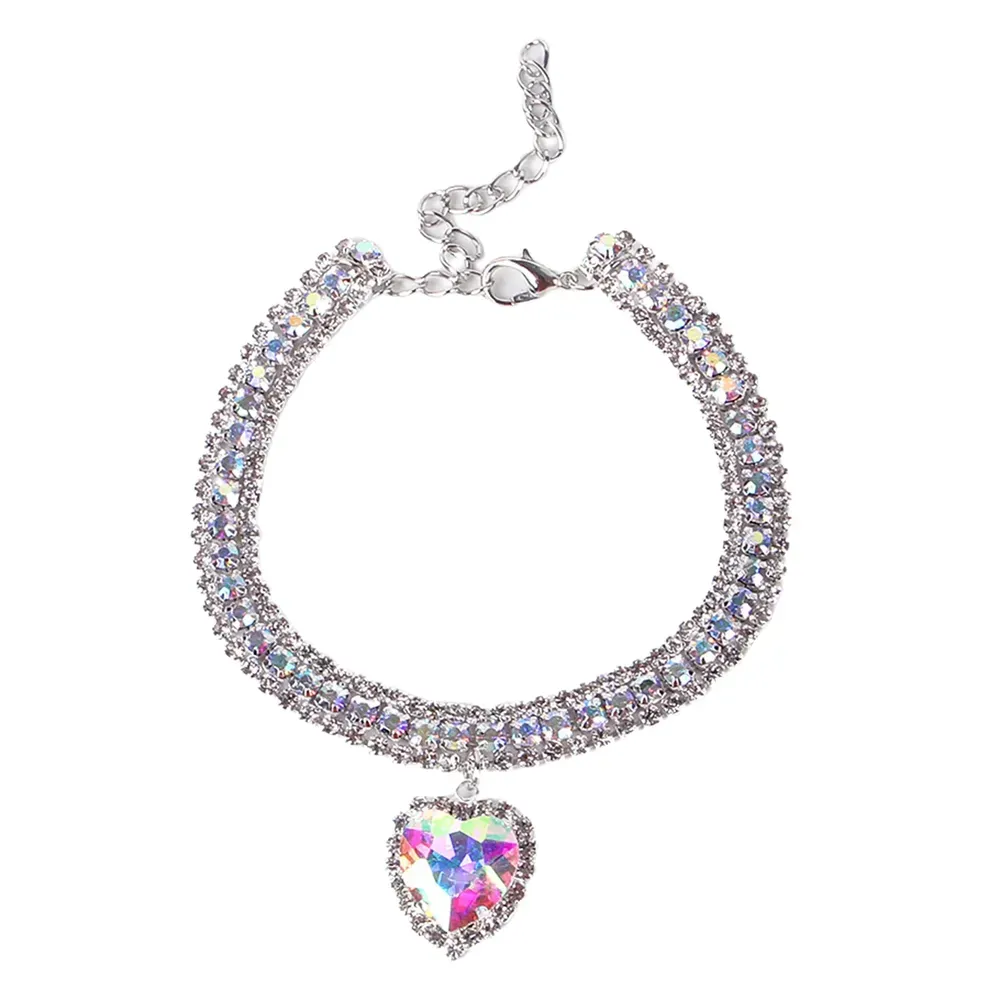 Rhinestones Cat Collar with Bling Charm White Shiny Heart-shaped Diamond Pet Necklace