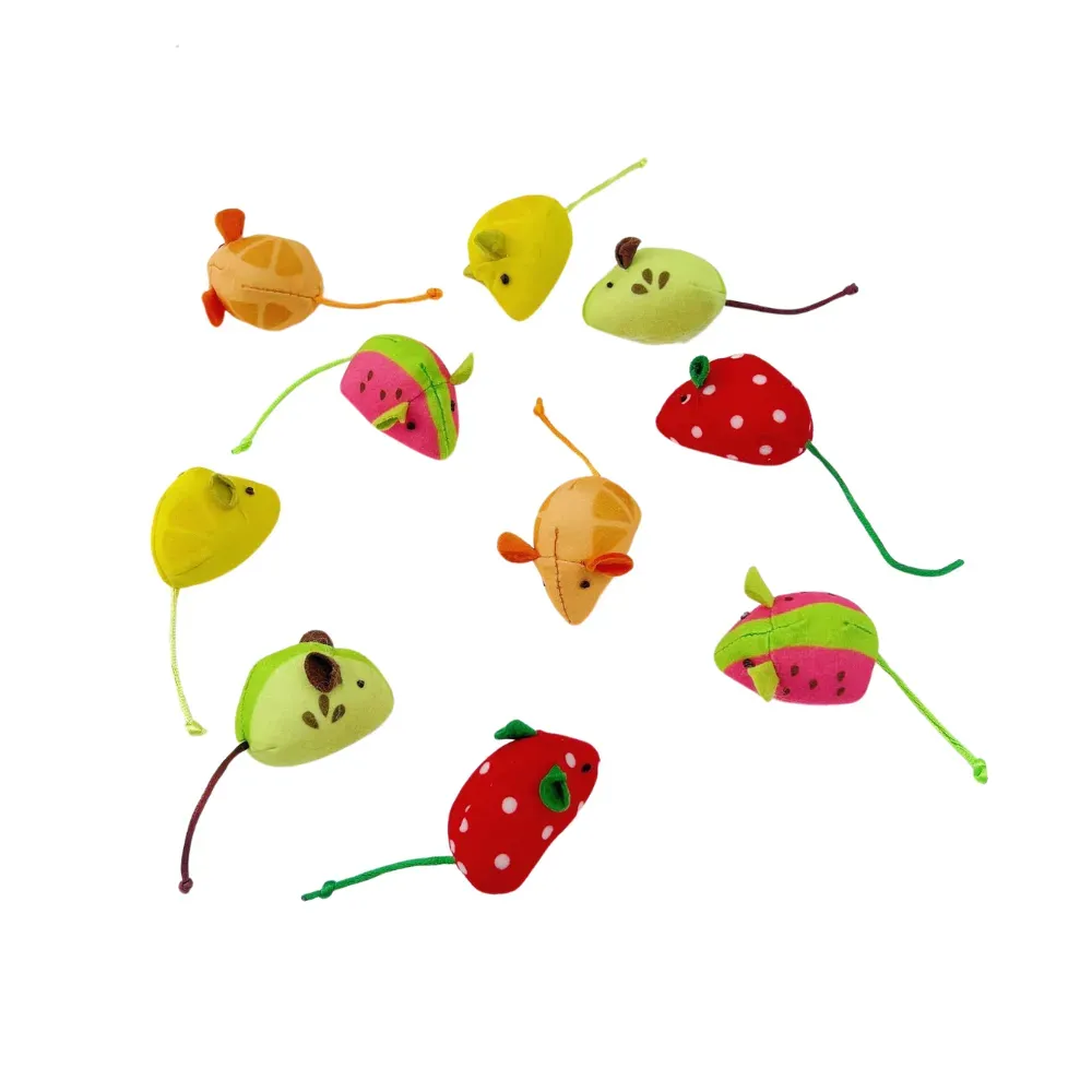 Let your cat enjoy interactive play with this fruit-themed mouse toy series, including watermelon, kiwi, orange, lemon, and strawberry designs, each filled with crinkle paper and a jingling bell.