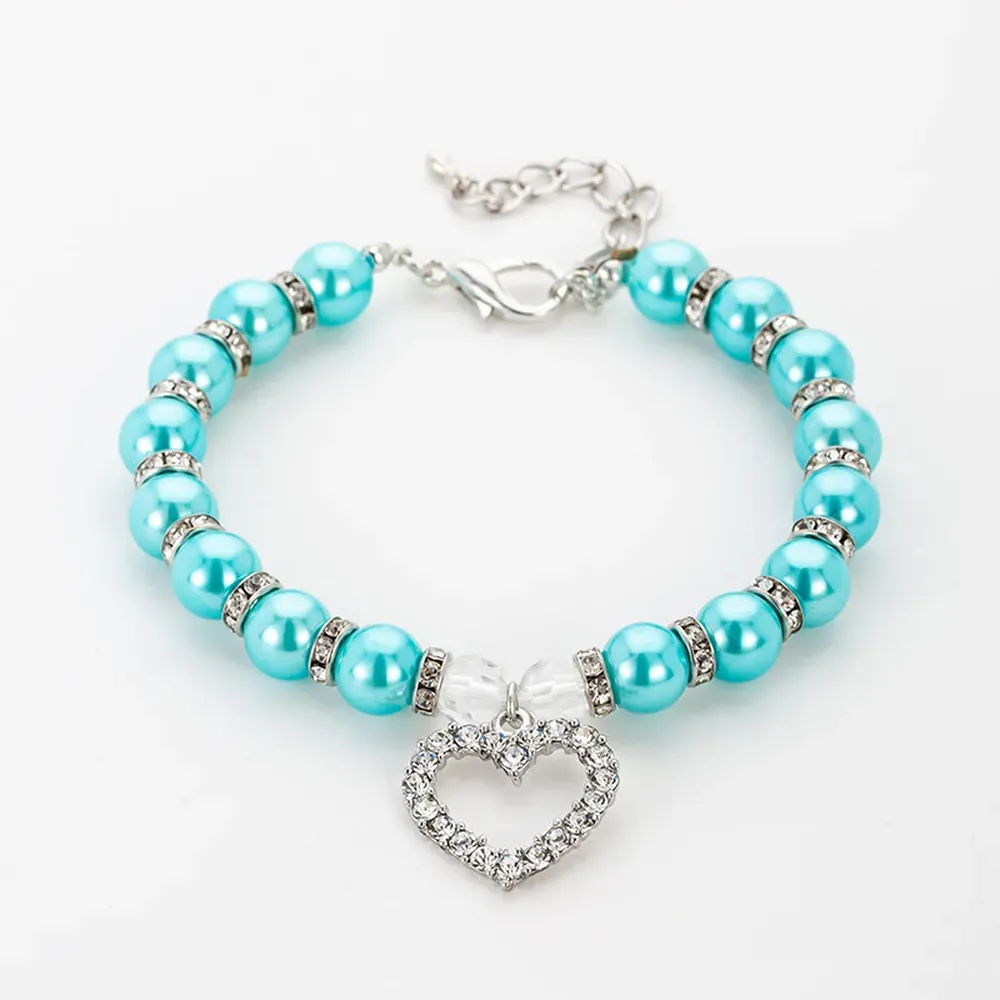 Pet Pearl Necklace with Rhinestone Heart Pendant Blue Pet Pearl Necklace with Rhinestone Heart Pendant