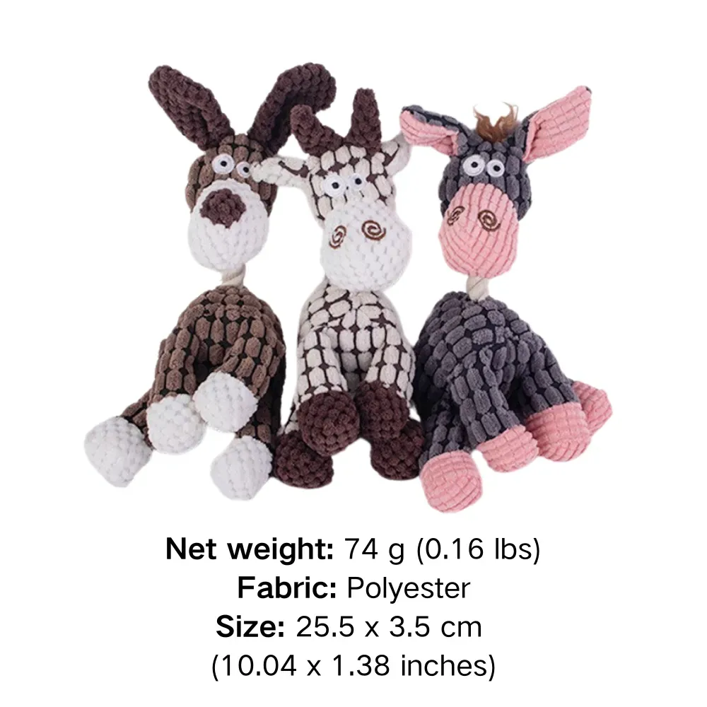 Designed with detailed embroidery and soft cotton rope, this cute corn velvet donkey toy provides both a durable and visually appealing option for pet businesses looking to offer high-quality pet products.