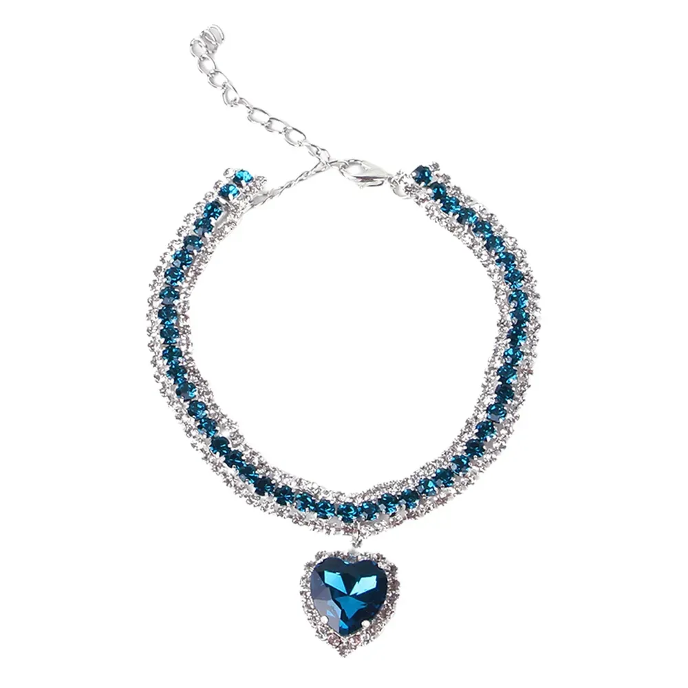 Rhinestones Cat Collar with Bling Charm Blue Shiny Heart-shaped Diamond Pet Necklace