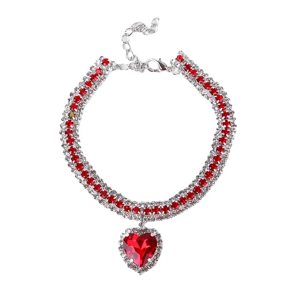 Rhinestones Cat Collar with Bling Charm Red Shiny Heart-shaped Diamond Pet Necklace