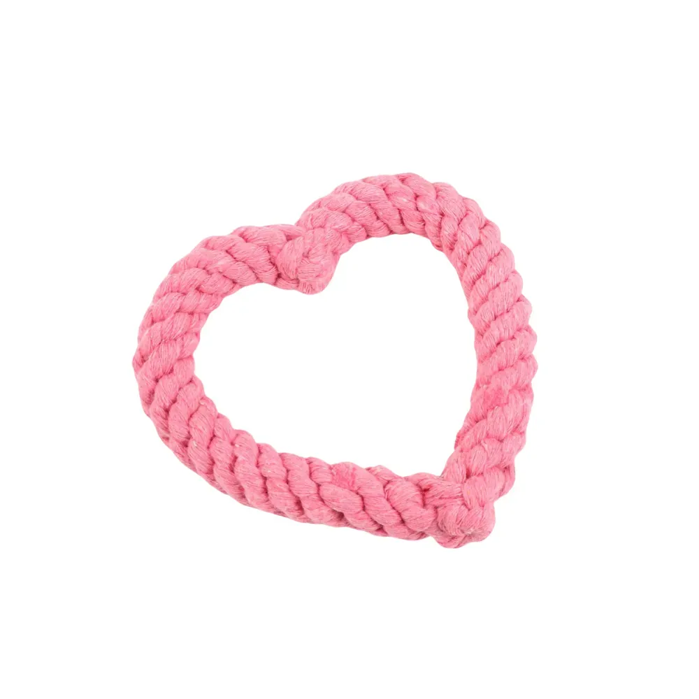 Designed for interactive play and dental care, this heart-shaped cotton rope toy is a festive gift your dog will love.