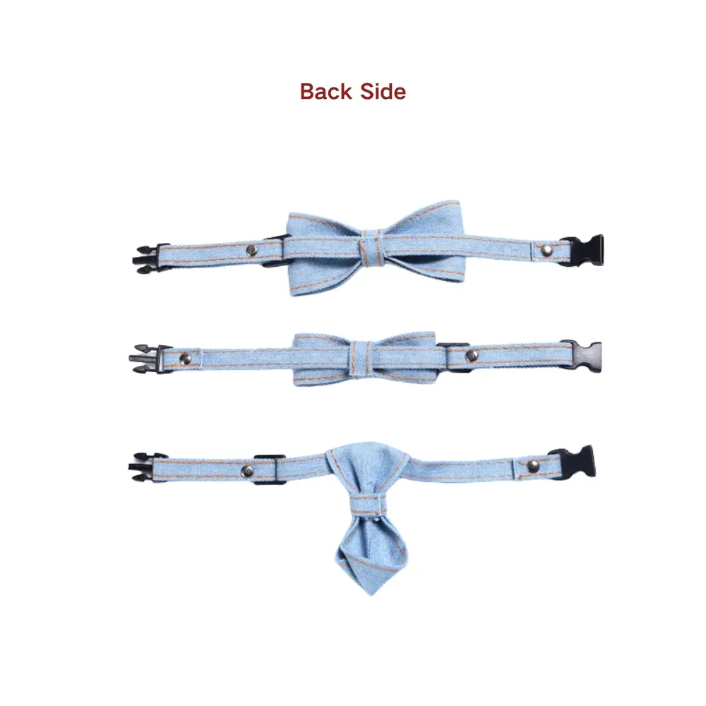 Stylish 3-piece denim collar set with adjustable neck strap, featuring a large bow tie, small bow tie, and neck tie – perfect for dressing up cats and dogs for any occasion.