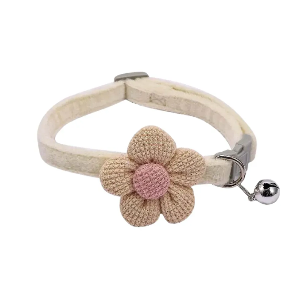 Adjustable Pet Necklace with Flower Charm and Bell Beige Adjustable Pet Necklace with Flower Charm and Bell