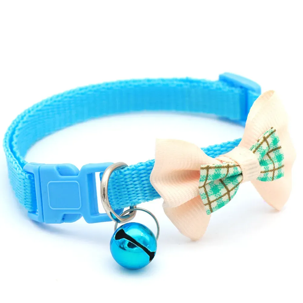 Cute Pet Safery Collar with Plaid Bow and Bell Blue Cute Pet Safery Collar with Plaid Bow and Bell Adjustable