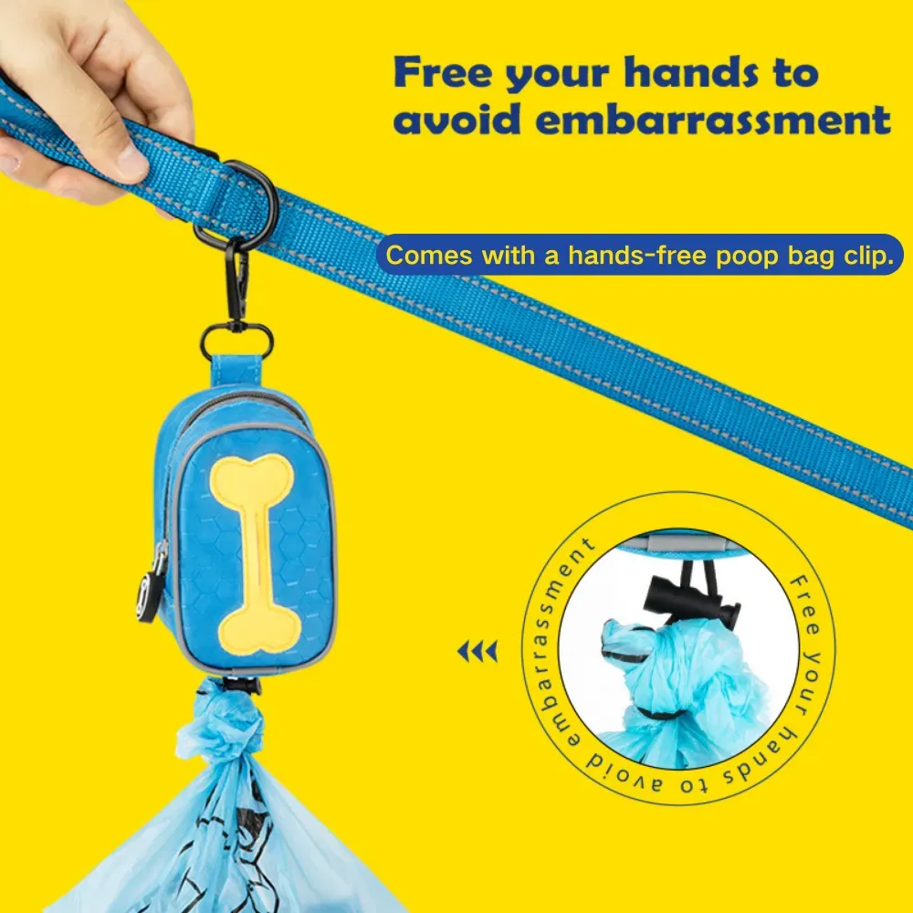 Hands-Free Dog Poop Bag Dispenser (5) Durable, waterproof dog poop bag dispenser with hands-free holder, large capacity, quick-access zipper, and carabiner – perfect for pet owners who value convenience and functionality.