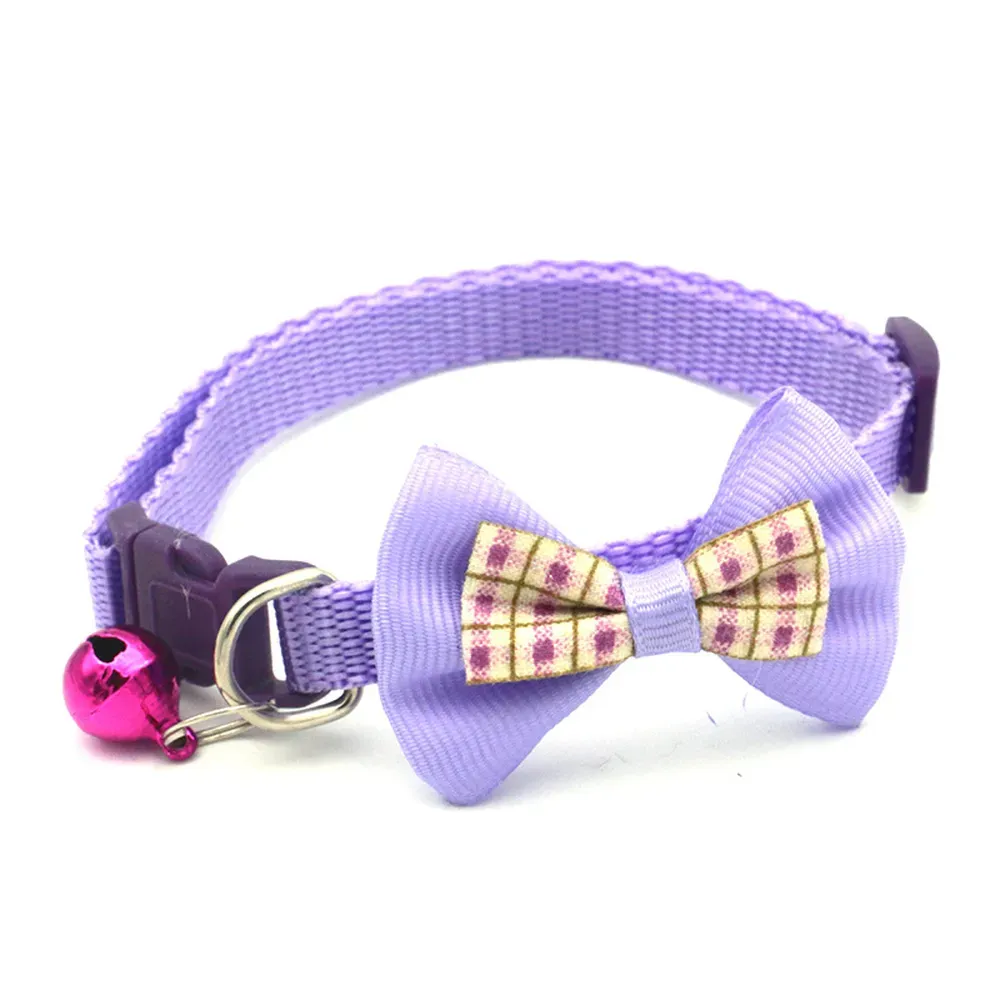 Cute Pet Safery Collar with Plaid Bow and Bell Violet Cute Pet Safery Collar with Plaid Bow and Bell Adjustable