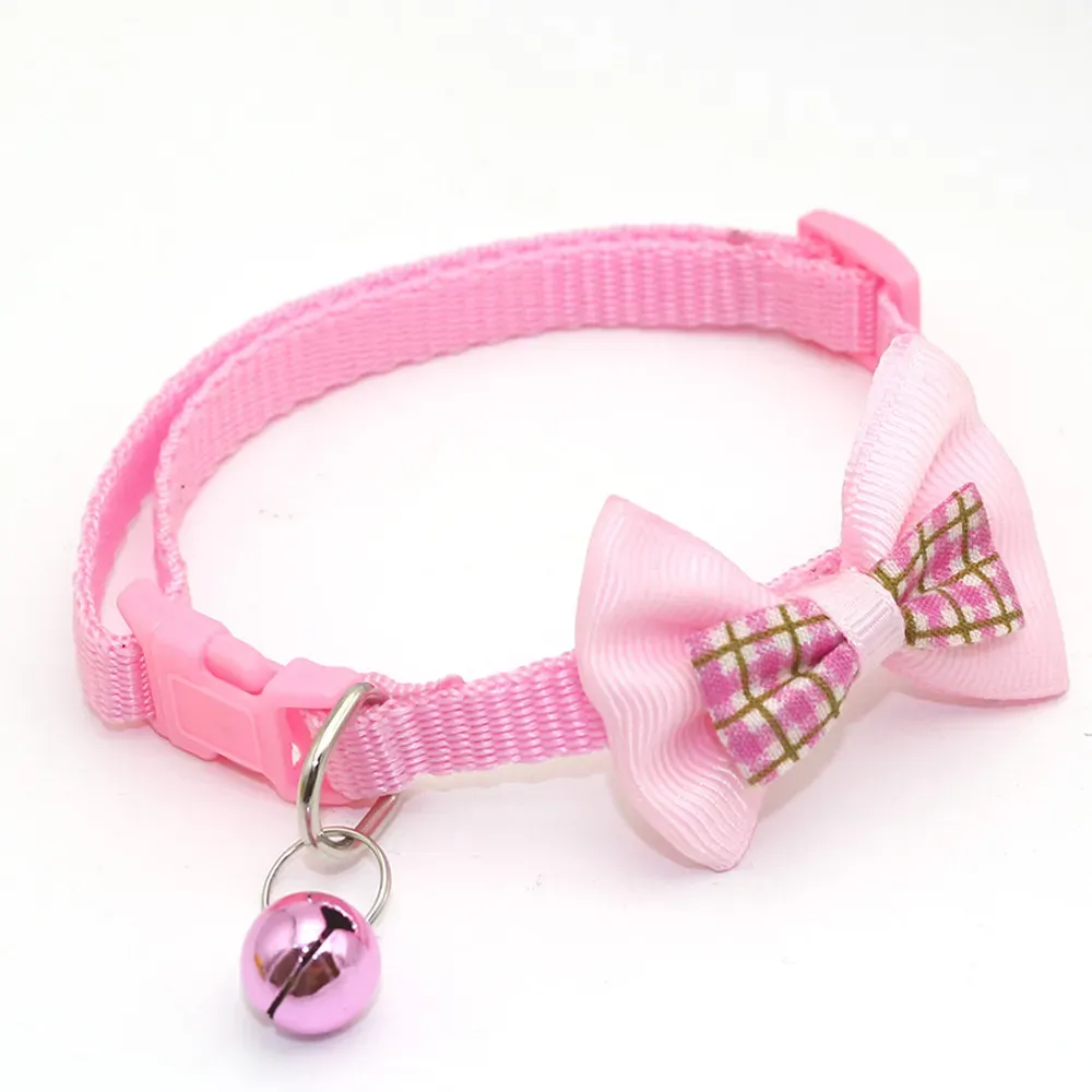 Cute Pet Safery Collar with Plaid Bow and Bell Pink Cute Pet Safery Collar with Plaid Bow and Bell Adjustable