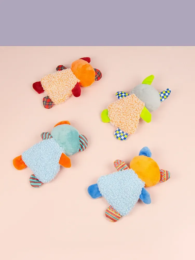 Interactive plush animal toy with crinkle paper and a vocal pouch, offering fun sounds and engagement for pets, ideal for teething and active play.