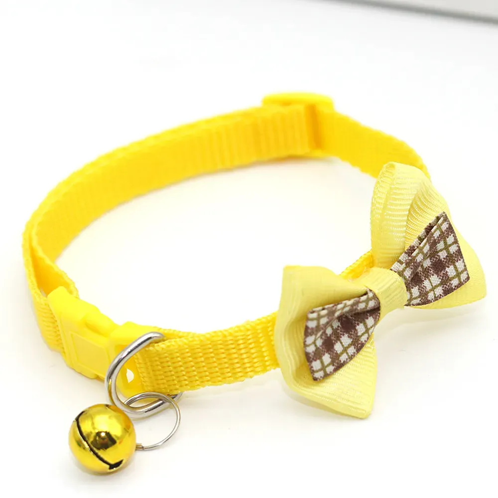 Cute Pet Safery Collar with Plaid Bow and Bell Yellow Cute Pet Safery Collar with Plaid Bow and Bell Adjustable