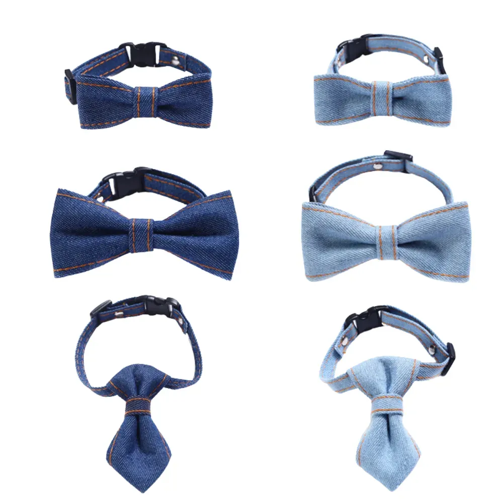 This denim bow tie collar set includes a large bow tie, a small bow tie, and a neck tie, offering a versatile and stylish solution for dressing up pets for various occasions.