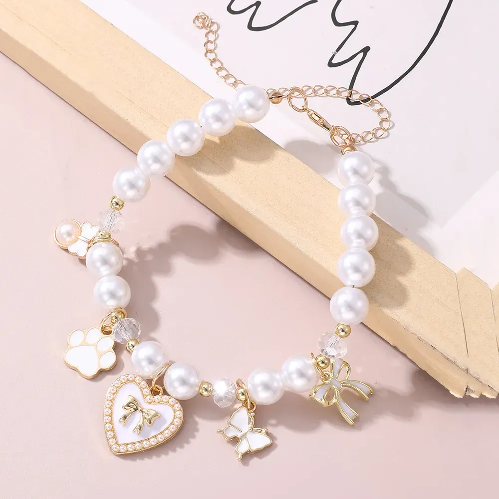 Pearl Pet Collar with Cute Pink Charms