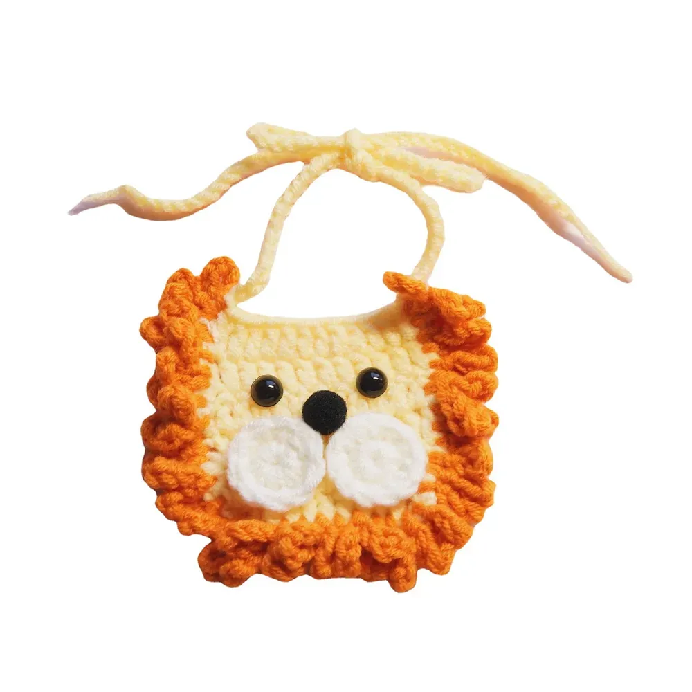 pet knit bib (2)_1 This handmade crochet pet bib with a little lion design adds a fun, playful touch to small dogs and cats, perfect for daily wear or special occasions.