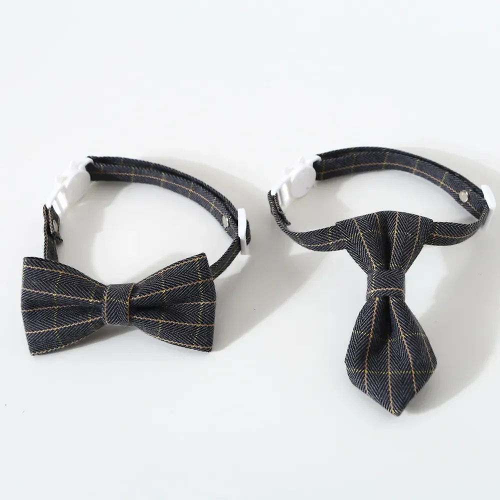 Durable, adjustable pet collar with checkered bow tie design for cats and dogs.
