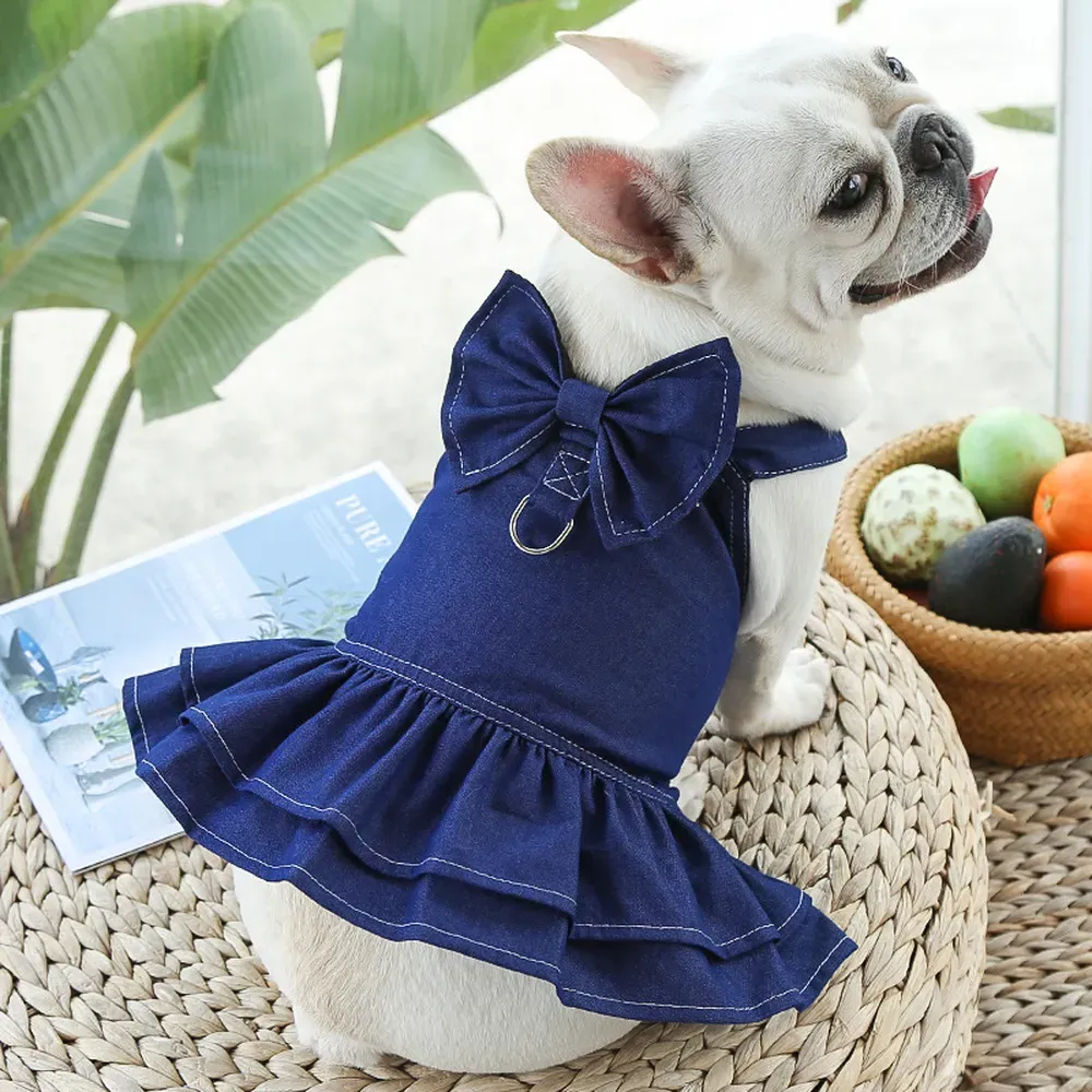 Denim pet dress with leash control for dogs and cats, adjustable and comfortable.