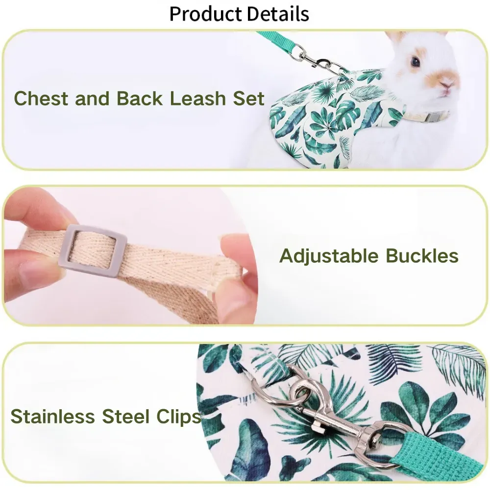 Adjustable rabbit harness with leash, cozy and safe for small pets.