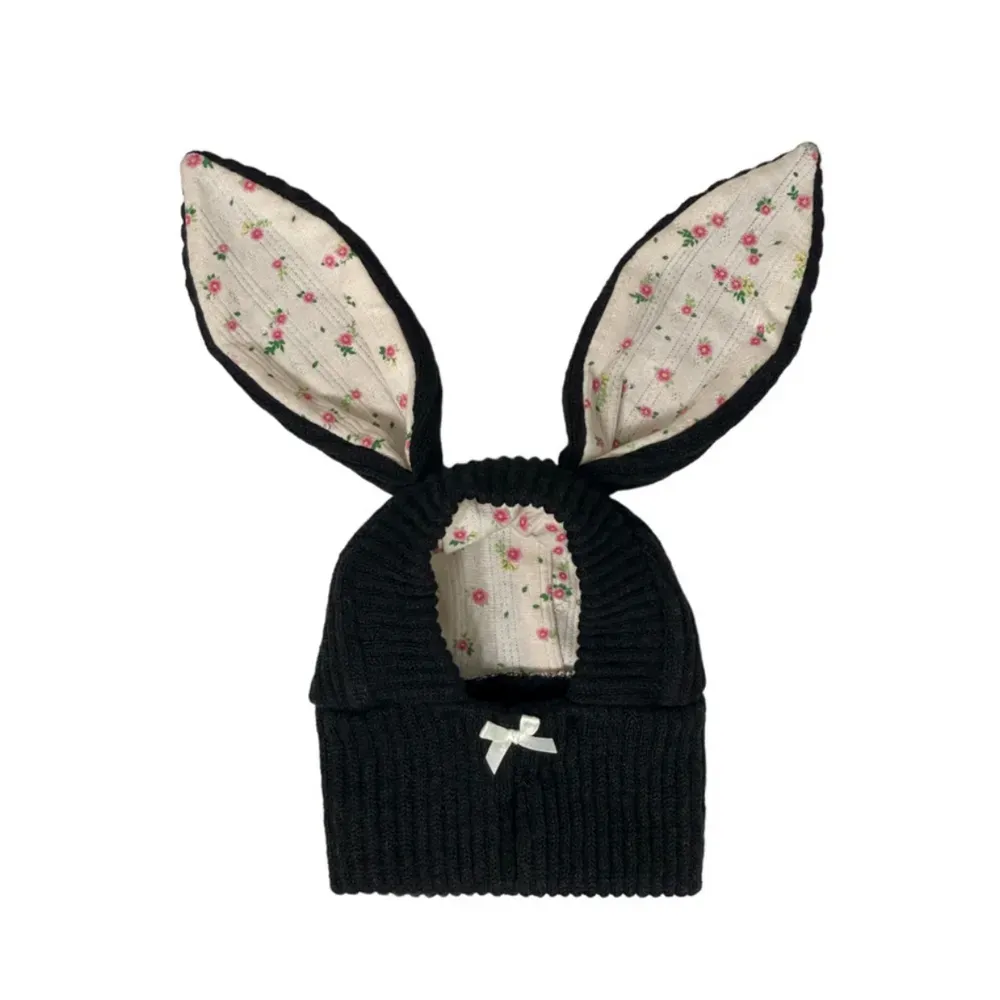 Cute Bunny Ears Knitted Pet Hat, Fall/Winter Warm Headgear for Cats and Dogs, Cotton Floral Lining