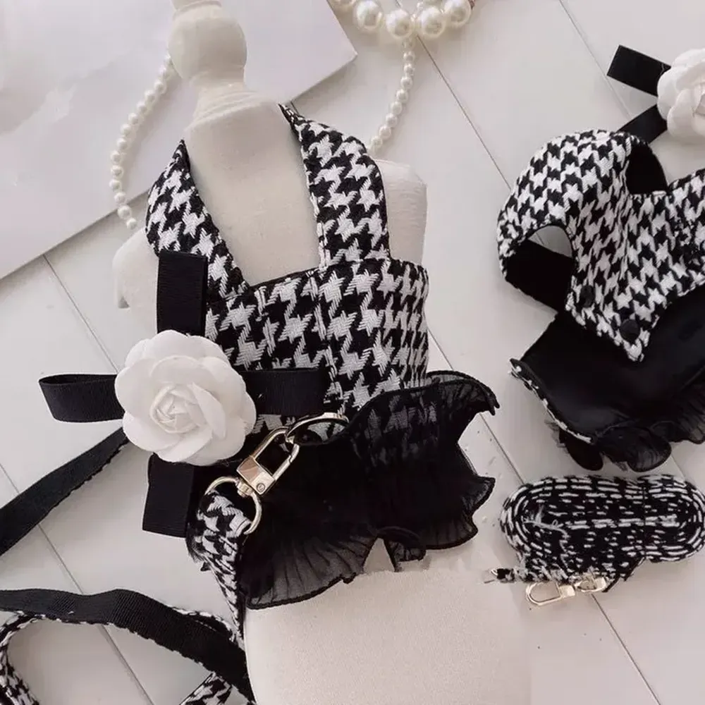 Houndstooth Pattern Dog Harness Vest with Bowknot