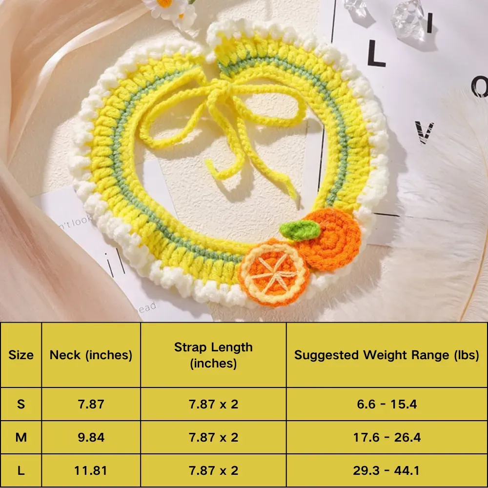 Cute 3D orange crochet pet collar bib, perfect for photoshoots and special occasions.