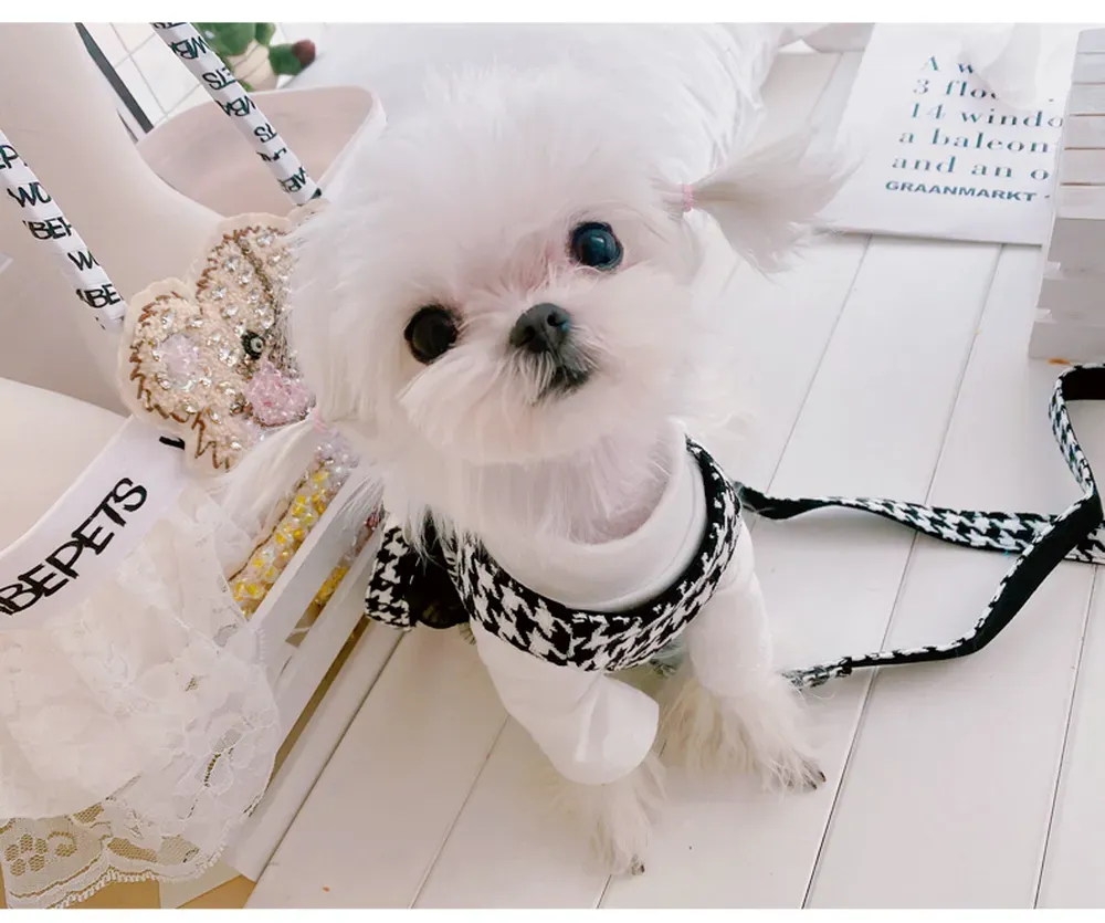 Houndstooth Pattern Dog Harness Vest with Bowknot