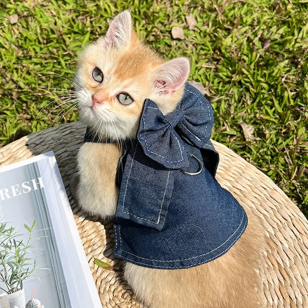 Dog &amp; Cat Denim Dress with Butterfly Bow and D-ring Leash for Small &amp; Medium Pets: