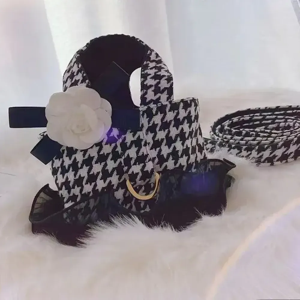Houndstooth Pattern Dog Harness Vest with Bowknot