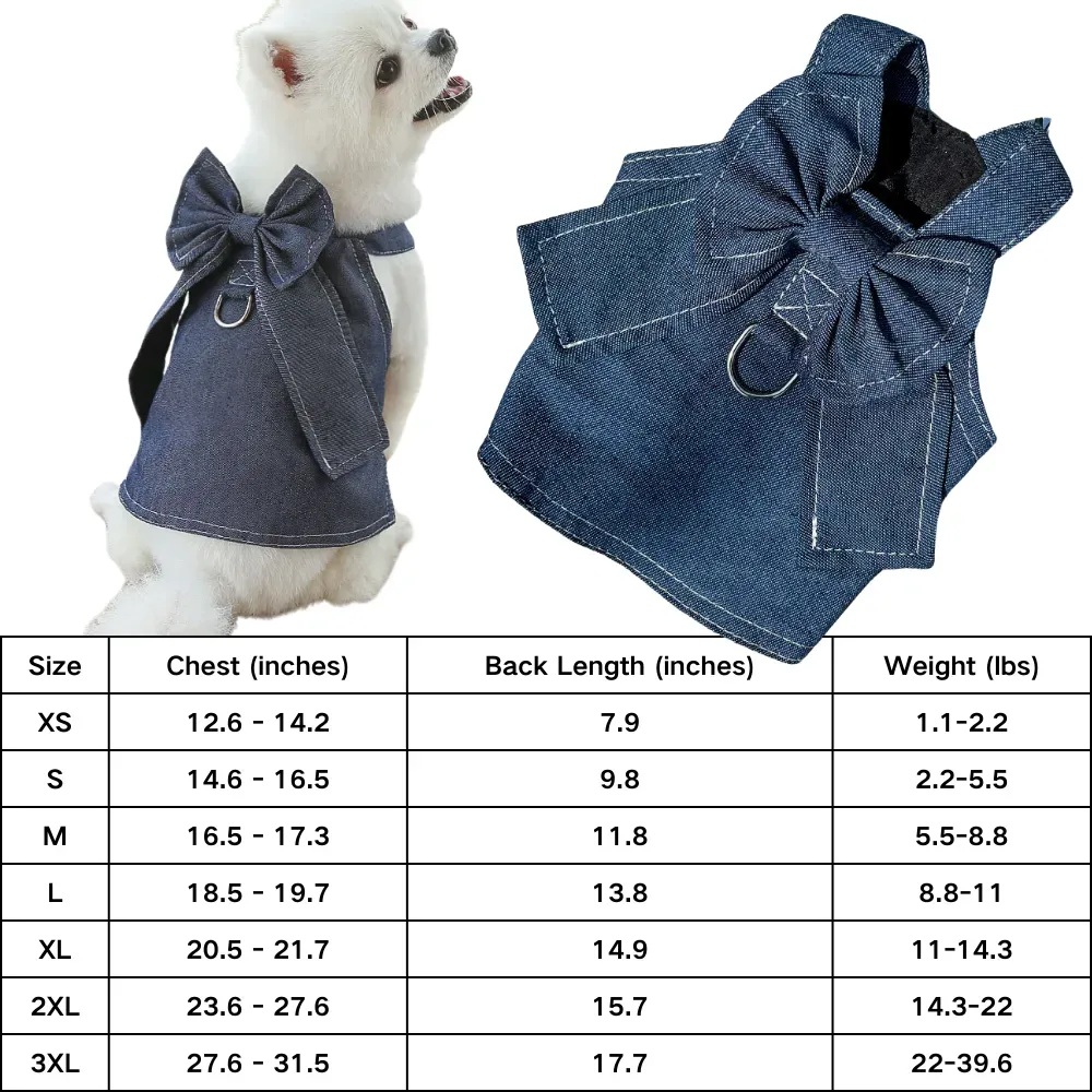 Small &amp; Medium Pet Denim Dress with Butterfly Bow, Leash Harness for Dogs &amp; Cats, D-ring for Leash Attachment