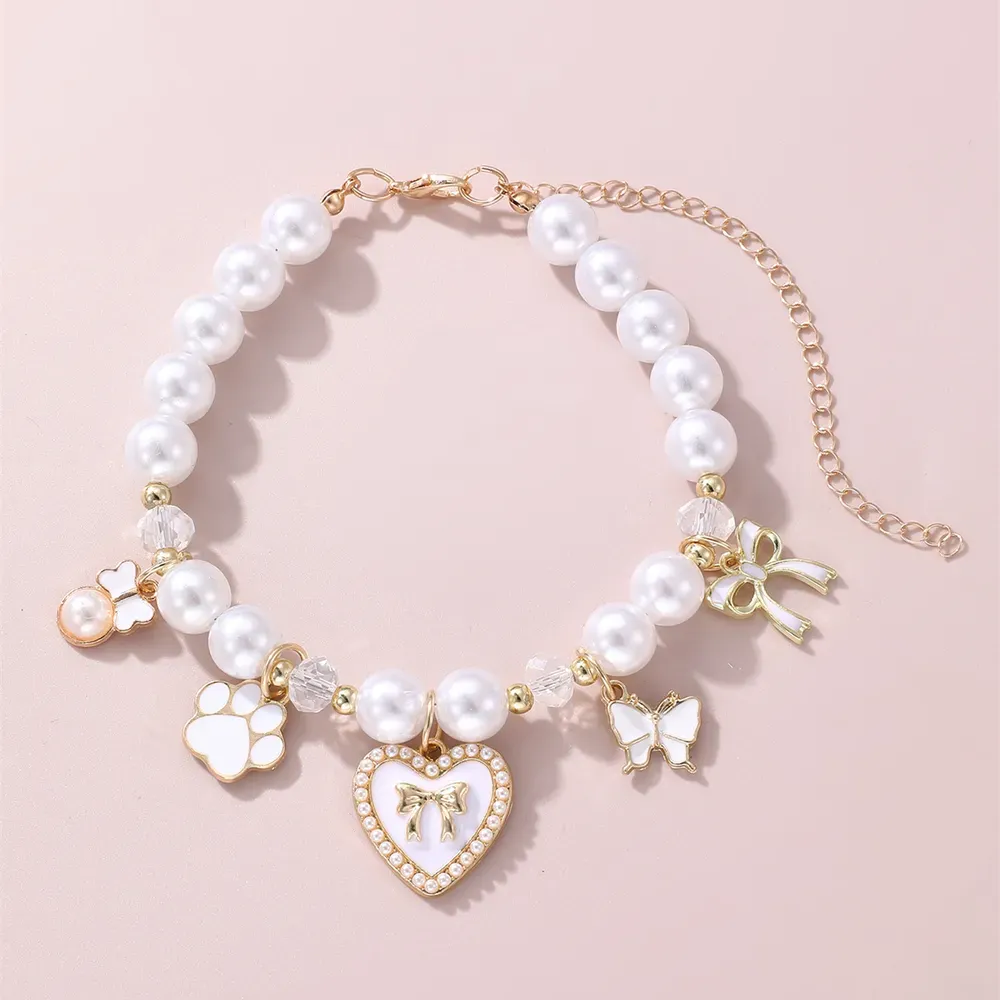 Pearl Pet Collar with Cute Pink Charms