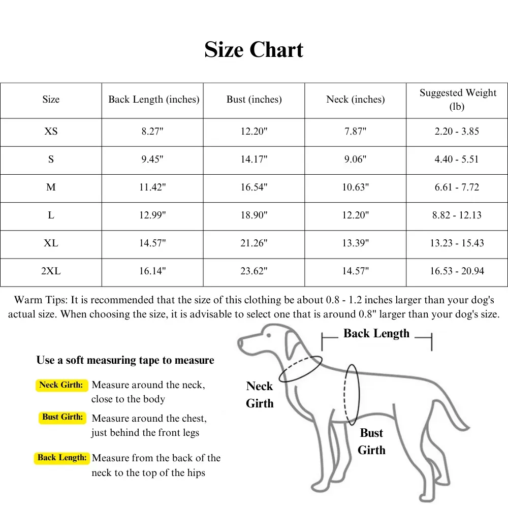 Small Pet Clothes Size Chart