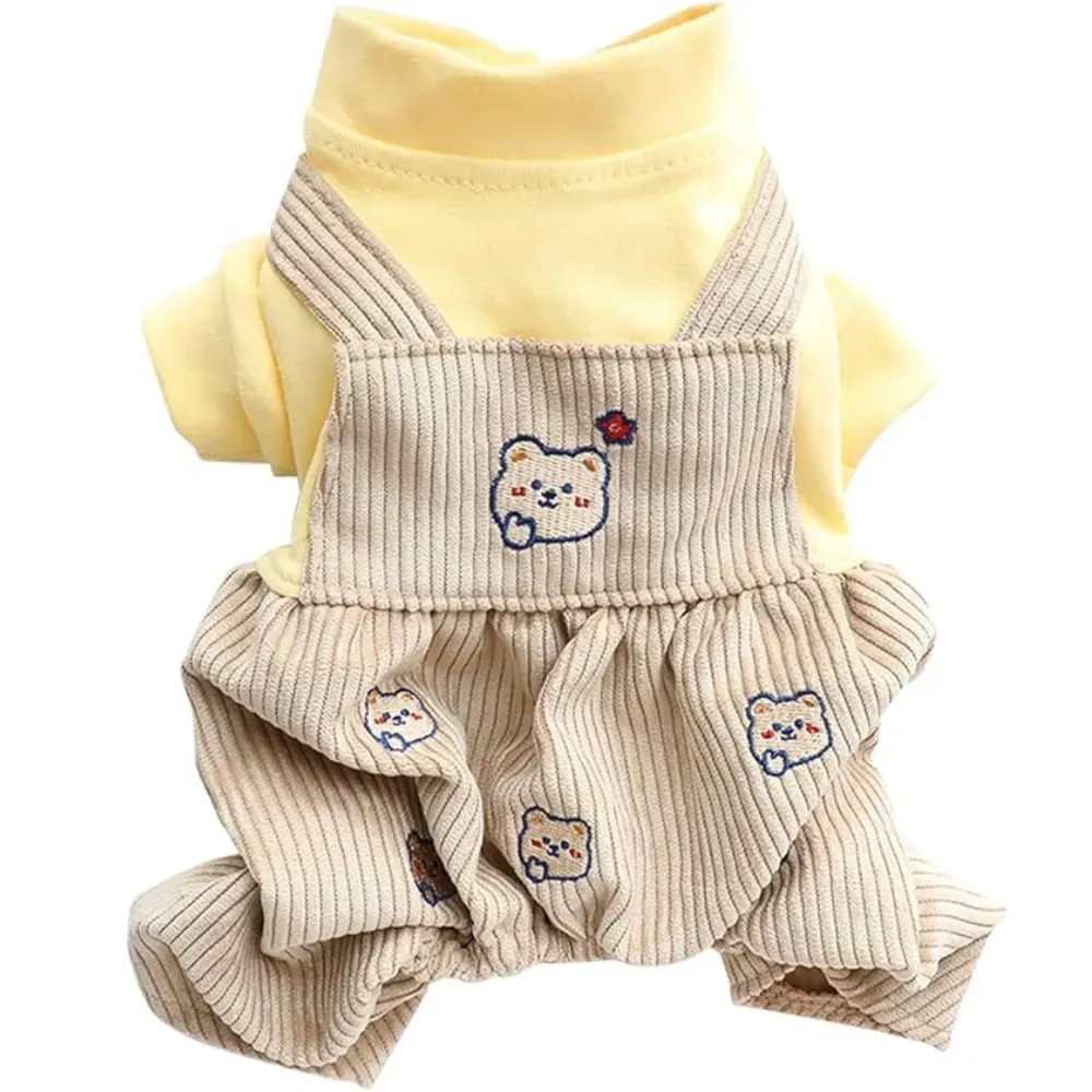 dog hoodie (4) The bear design jumpsuit is specifically tailored to fit small to medium-sized dogs. Whether your pet is a chihuahua, yorkie, or another small breed, this outfit provides a snug, comfortable fit that is perfect for their size.