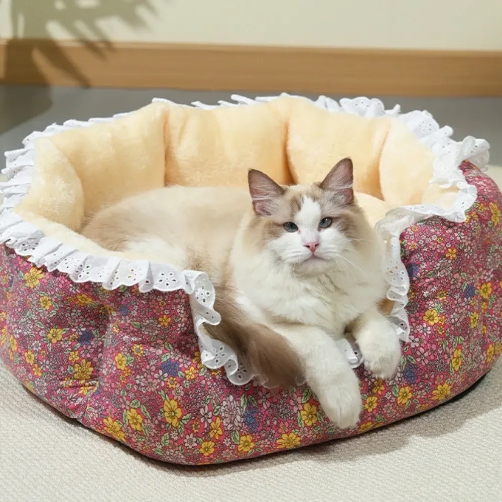 Winter pet bed with floral print and thickened padding for extra warmth (3) Large-capacity bed for cats and dogs to roll and relax comfortably
