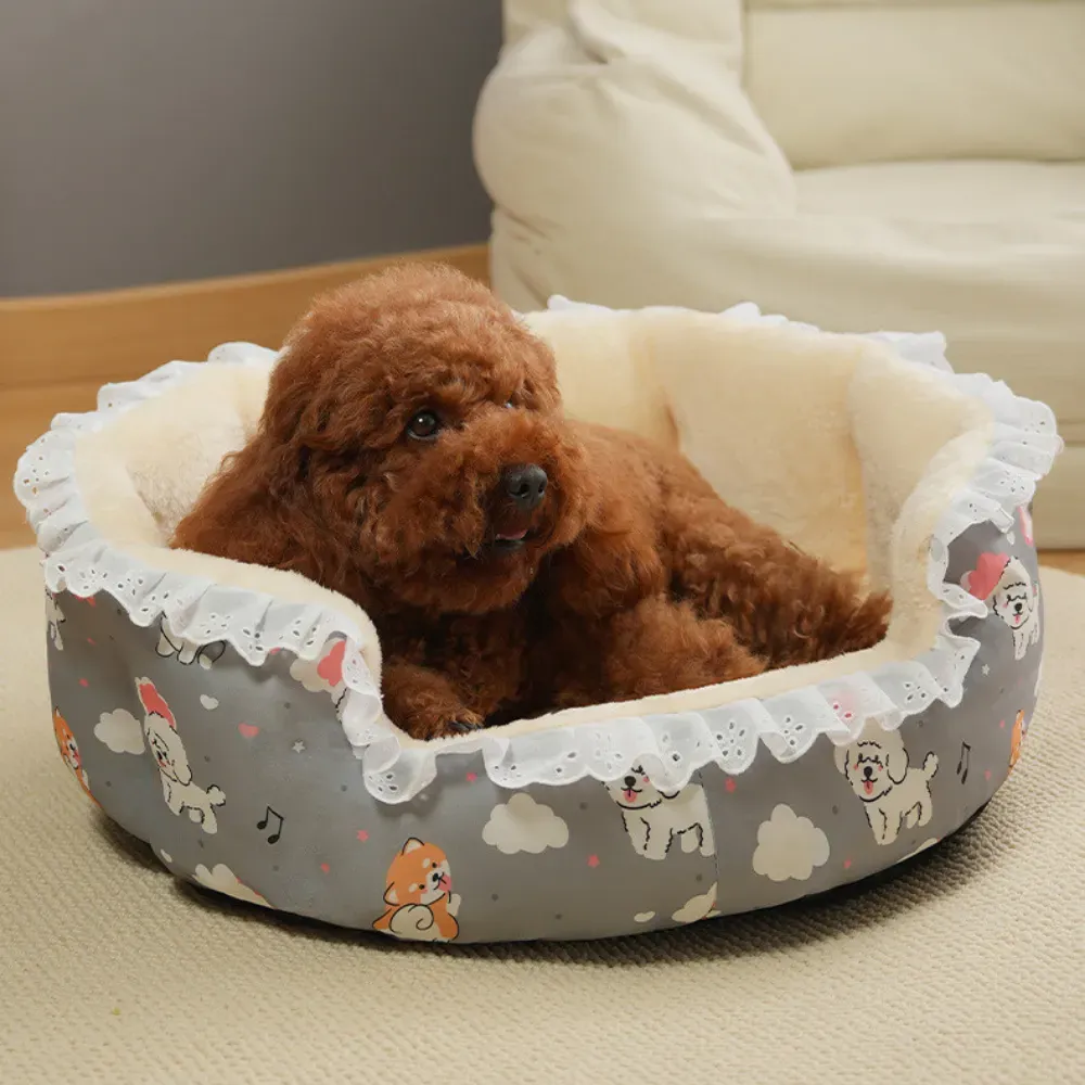 winter floral pet bed with thick padding, non-slip base, and a removable, washable cover for easy maintenance (6) Elegant lace trim adds a decorative and stylish touch