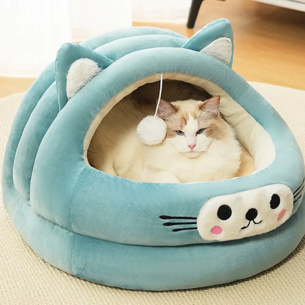 Half-closed pet bed with a fun cat ear design (1) Crystal velvet fabric provides a soft, luxurious feel that pets love