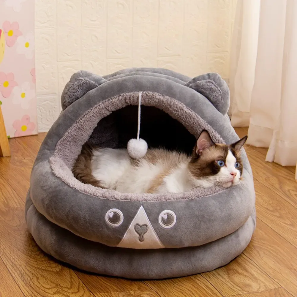 Bear-themed pet tent bed with playful plush ball attachment (1) Cute embroidered bear design adds a touch of charm