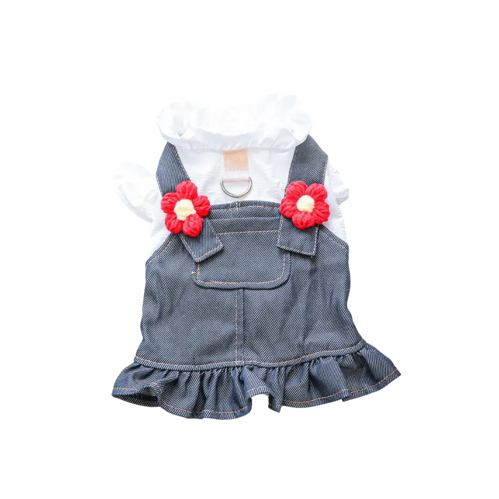 Breathable Little Red Flower Denim Dog Dress Breathable Little Red Flower Denim Dog Dress