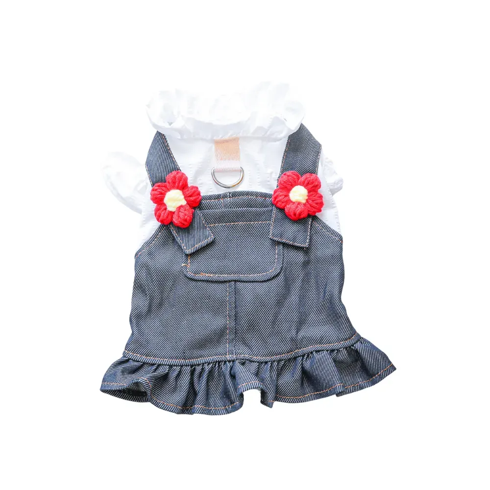 Breathable Little Red Flower Denim Dog Dress Summer Dress Breathable Little Red Flower Denim Dog Dress