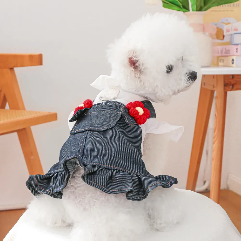 Breathable Little Red Flower Denim Dog Dress cute pet clothes Breathable Little Red Flower Denim Dog Dress