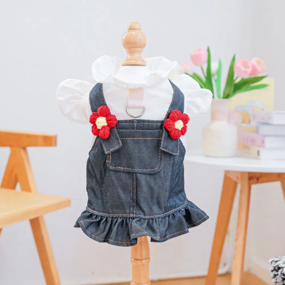 Breathable Little Red Flower Denim Dog Dress pet clothes Breathable Little Red Flower Denim Dog Dress