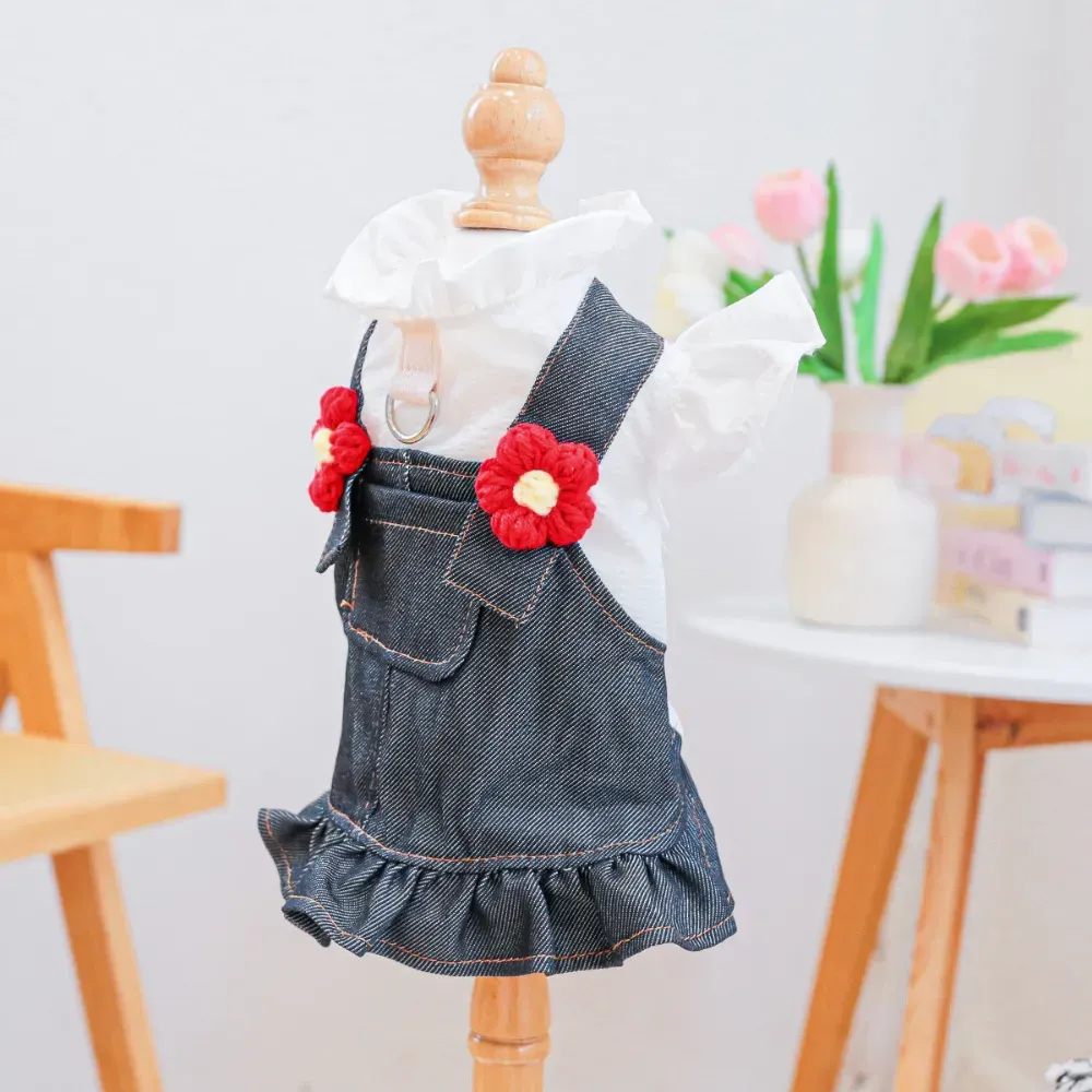 Breathable Little Red Flower Denim Dog Dress easy cleaning Breathable Little Red Flower Denim Dog Dress